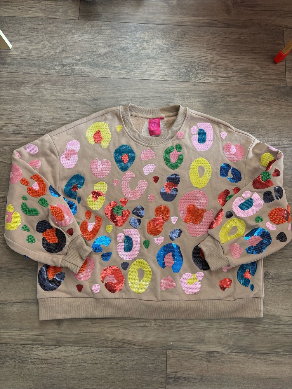 QUEEN OF SPARKLES Beige Crewneck Sweater with Multicolor Sequin Spots